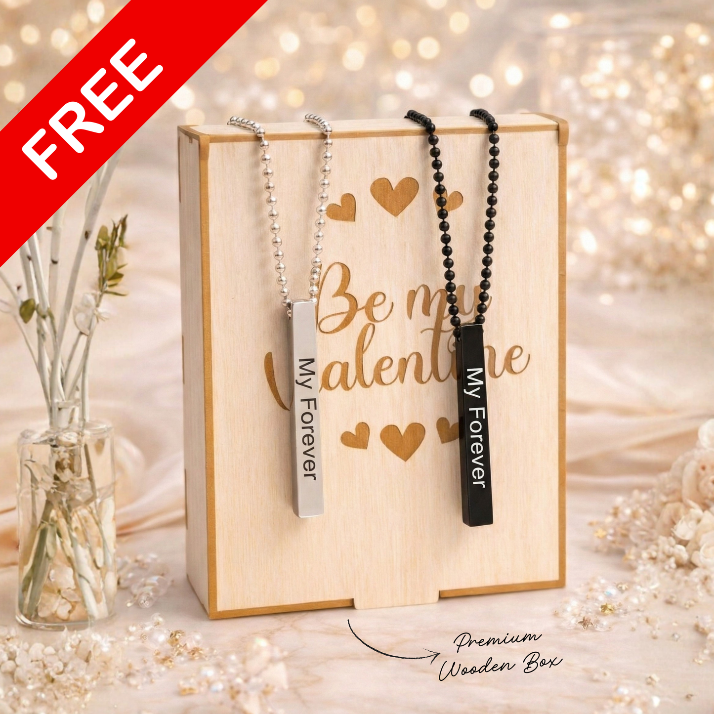 Unisex Bar Engraved 2 Necklace with FREE Luxury Valentine Wooden Box