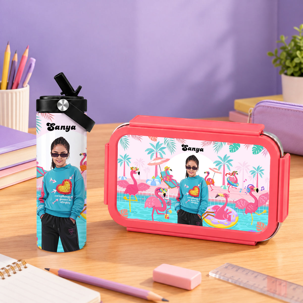 Flamingo Combo (Bento Lunch Box + Water Bottle)