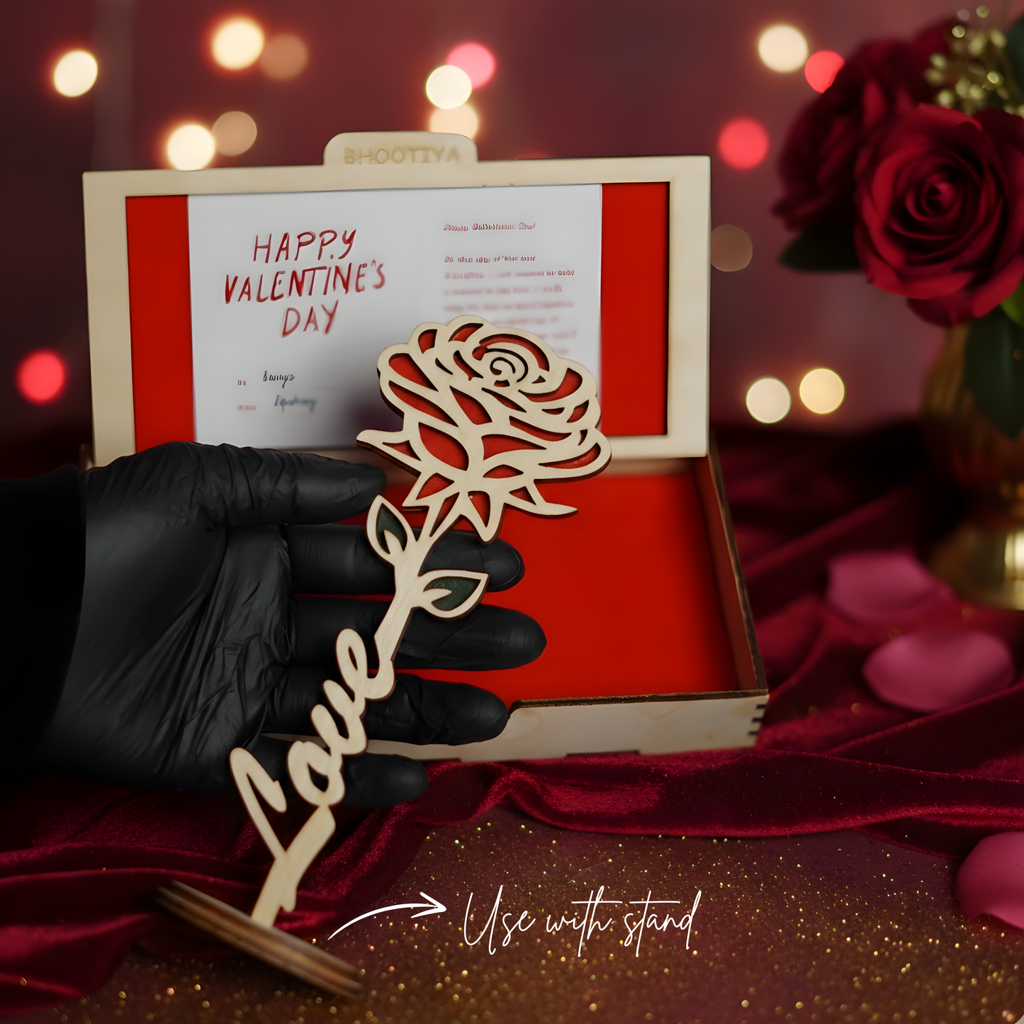 Valentine Wooden Rose with Stand | Premium Love Keepsake Gift