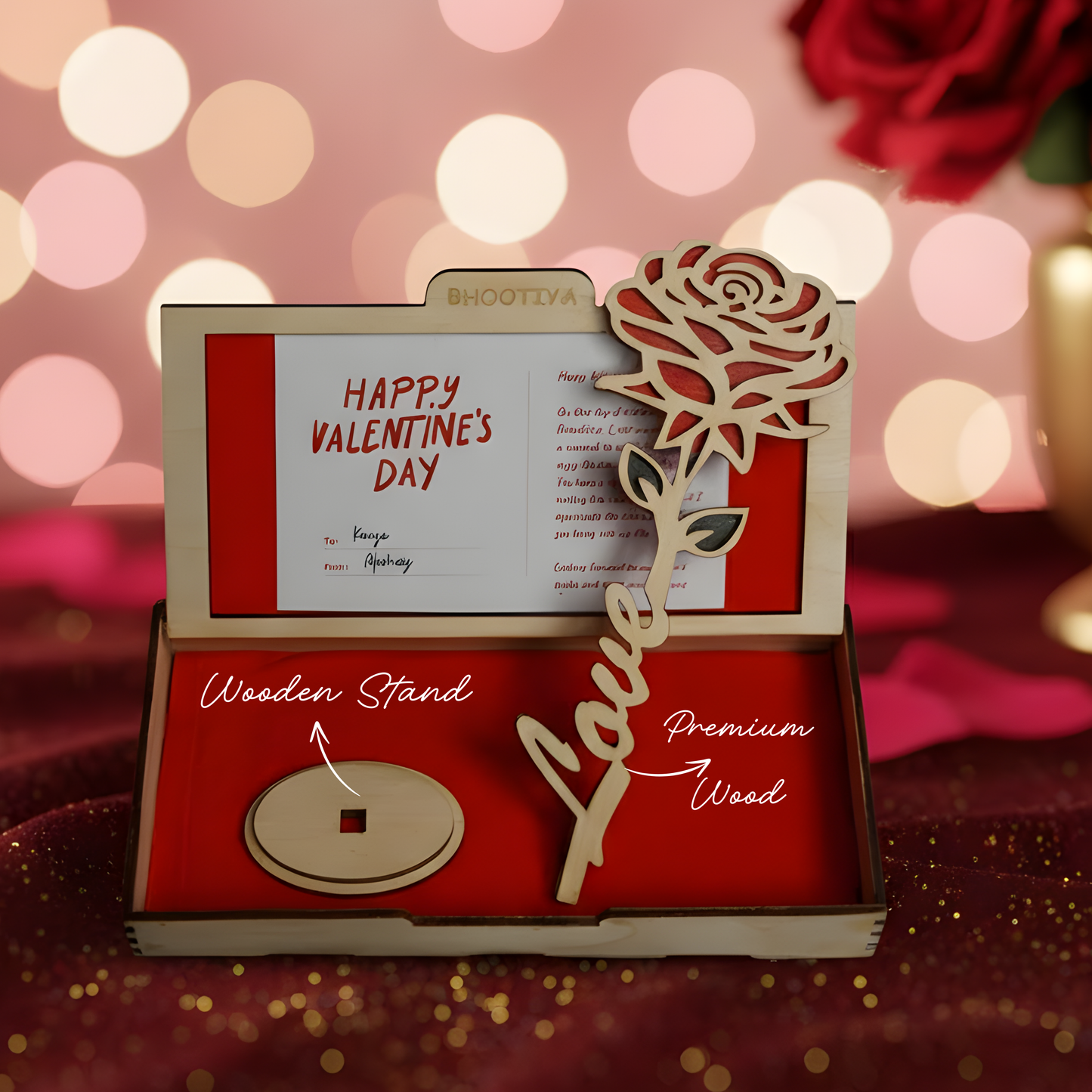 Valentine Wooden Rose with Stand | Premium Love Keepsake Gift