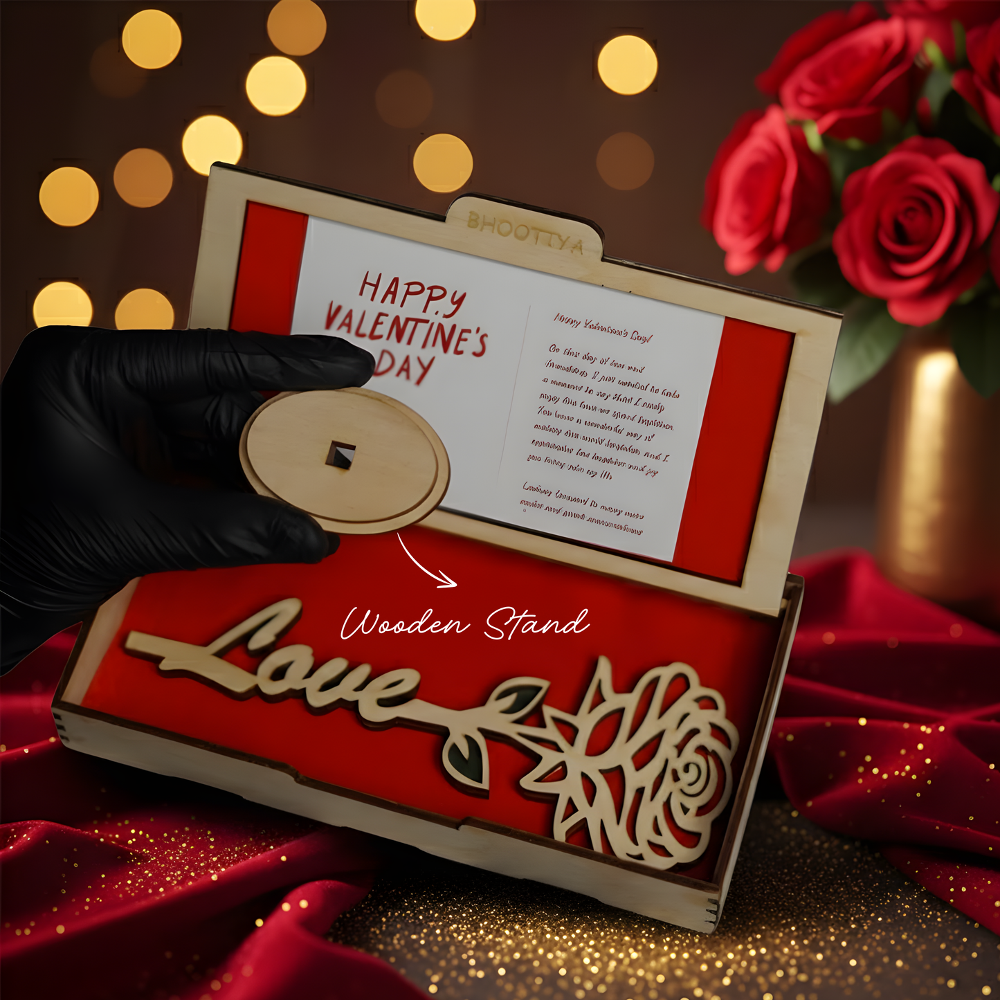 Valentine Wooden Rose with Stand | Premium Love Keepsake Gift