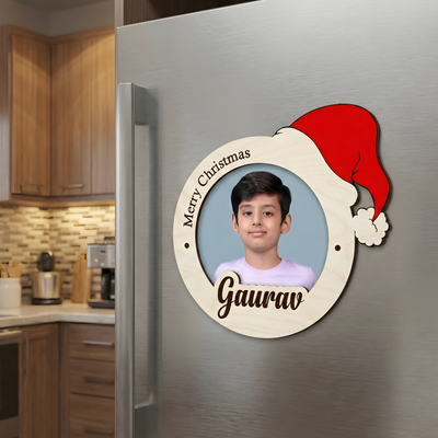 Personalised Christmas Photo Magnet with Name & Santa Cap