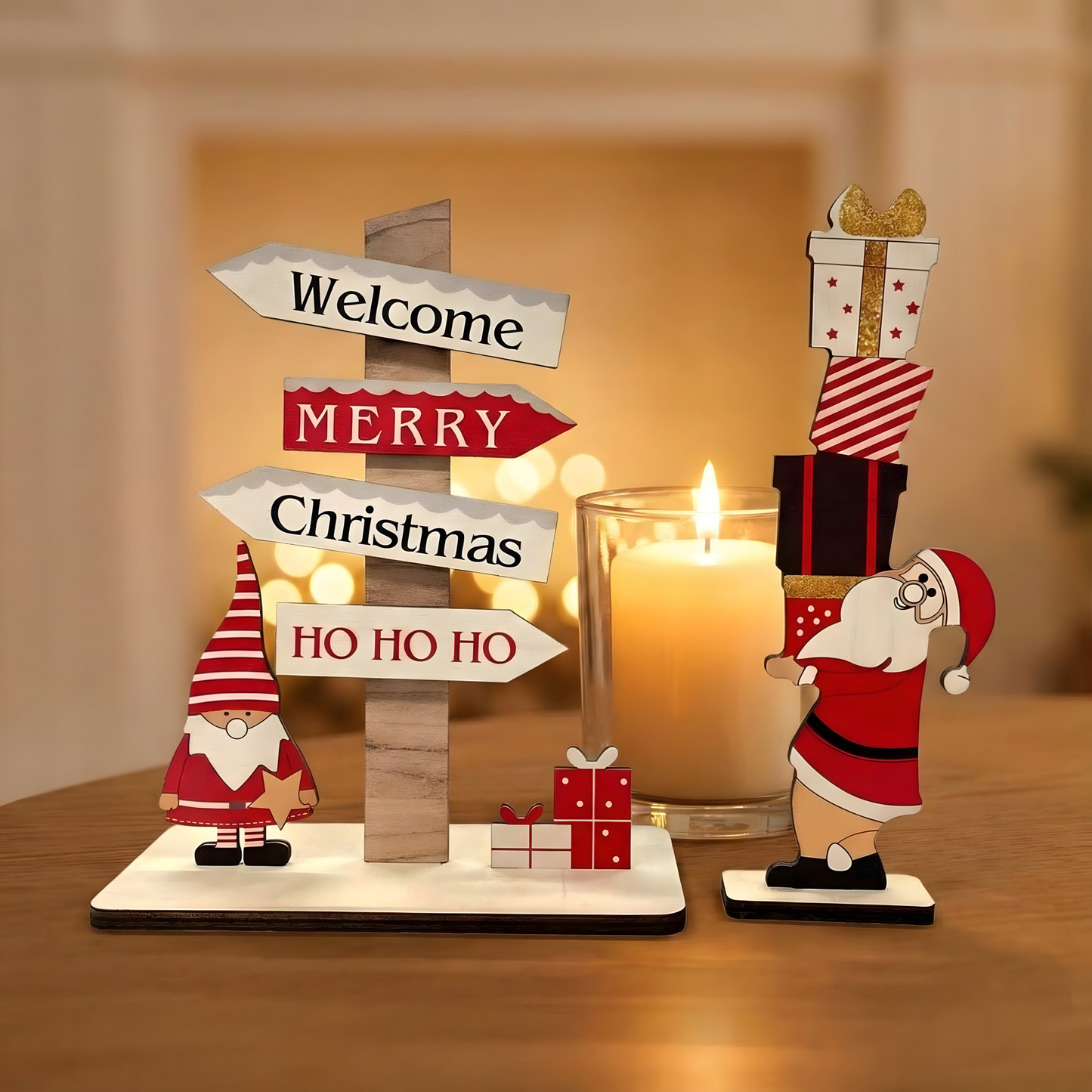 Christmas Wooden Ornament – Welcome Sign with Santa & Gifts
