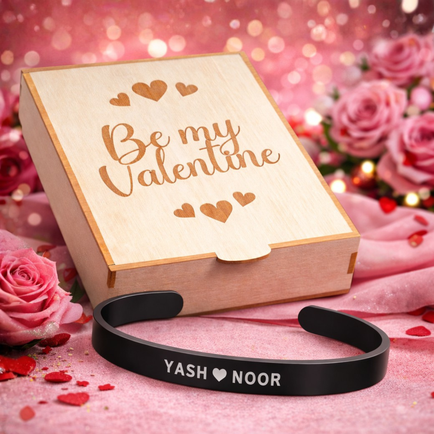 Personalised Cuff Bracelet with FREE Luxury Valentine Wooden Box