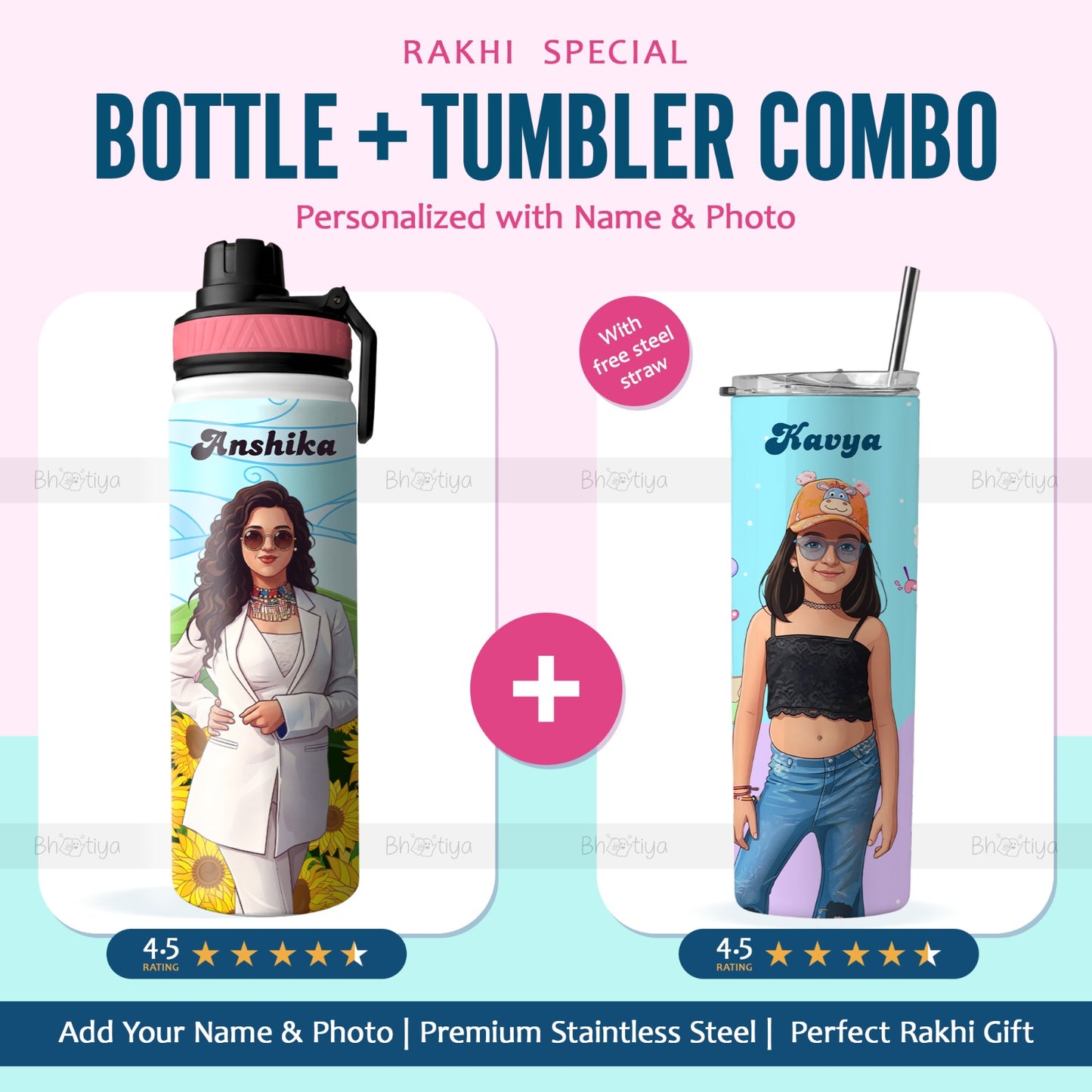 Rakhi special: Personalised Stainless Steel Bottle and Tumbler Combo